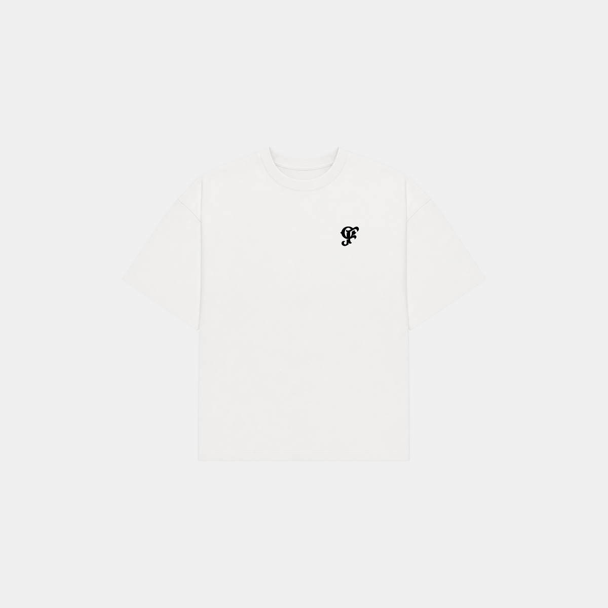 A white short-sleeve crewneck t-shirt with a small black stylized 'GF' logo printed on the left chest, displayed on a clean white background.