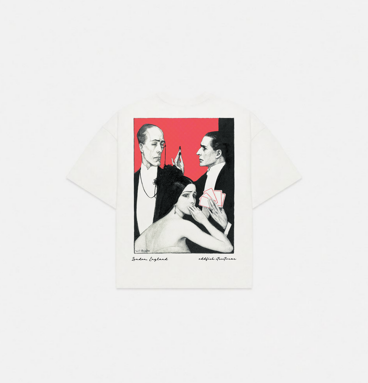 An off-white short-sleeve t-shirt with a large graphic print on the front, featuring a black and white illustration of three men and a woman against a red background, displayed on a clean white background.
