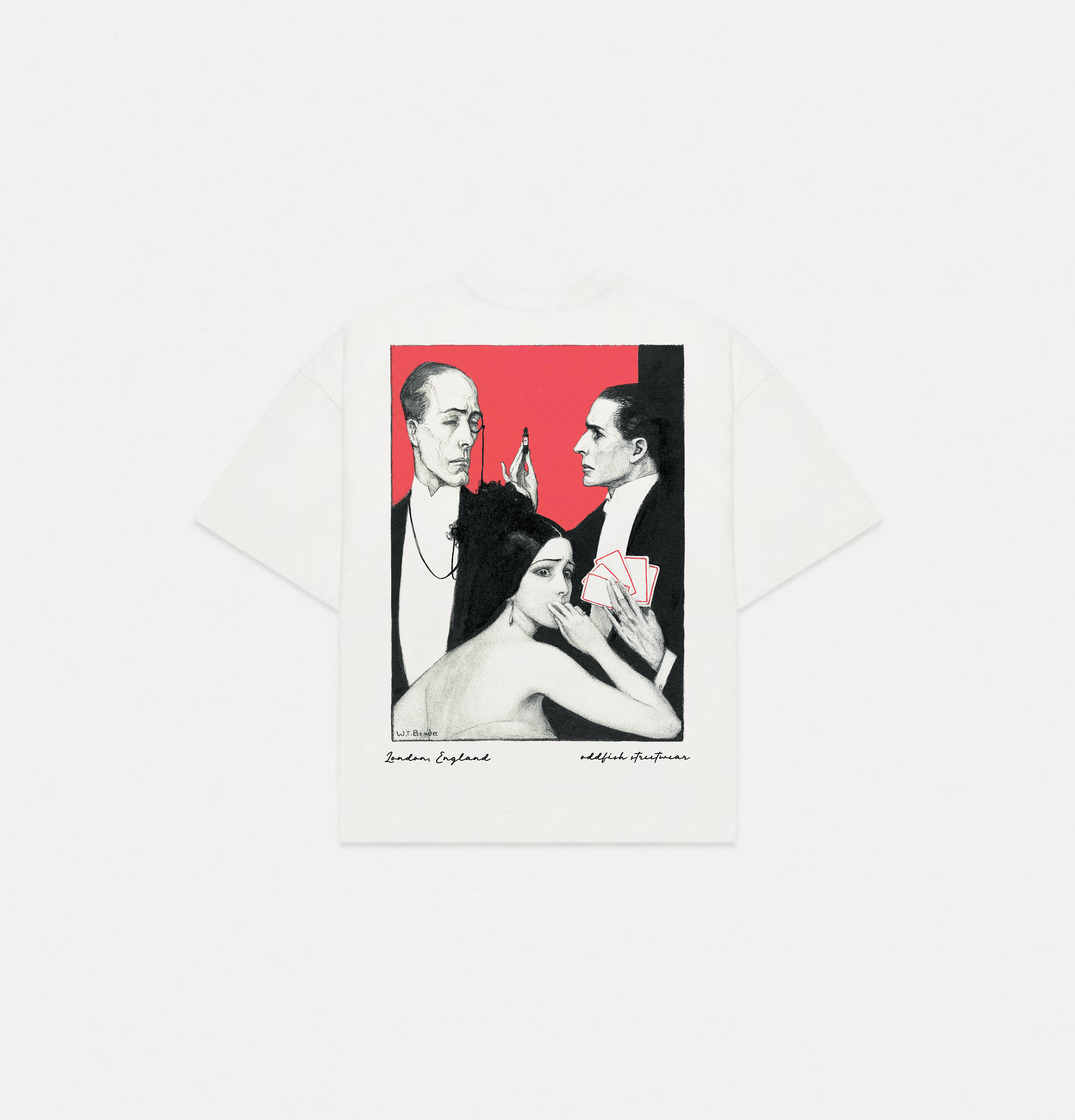 An off-white short-sleeve t-shirt with a large graphic print on the front, featuring a black and white illustration of three men and a woman against a red background, displayed on a clean white background.