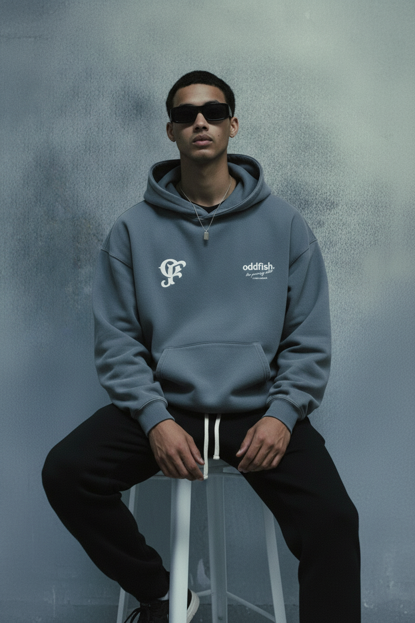 Hoodie with oddfish double logo gray blue