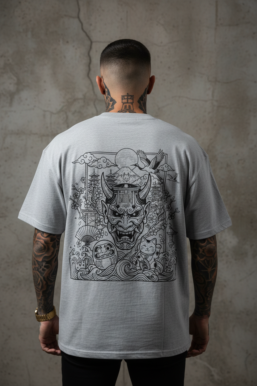 t-shirt back mockup with model on concrete background flower gray