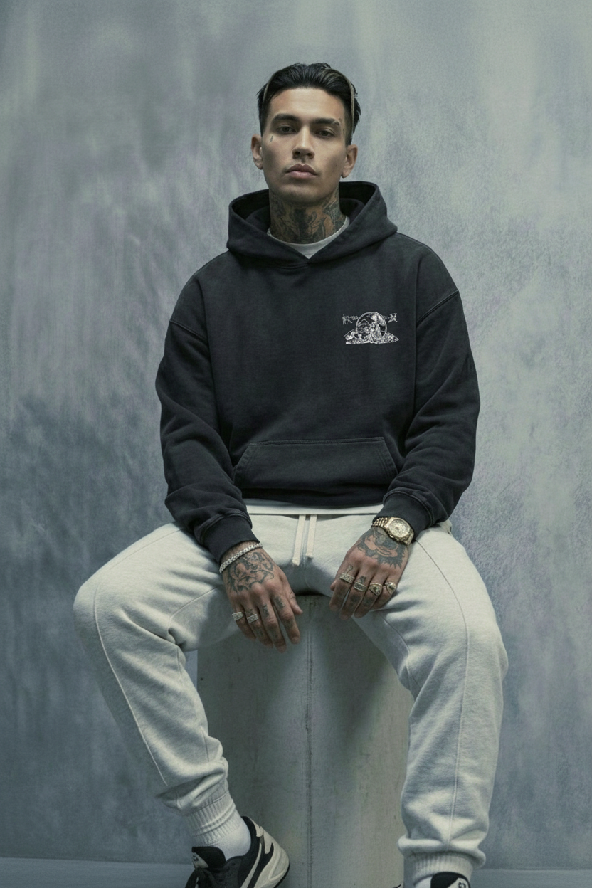 Hoodie mockup seated on stool gray blue