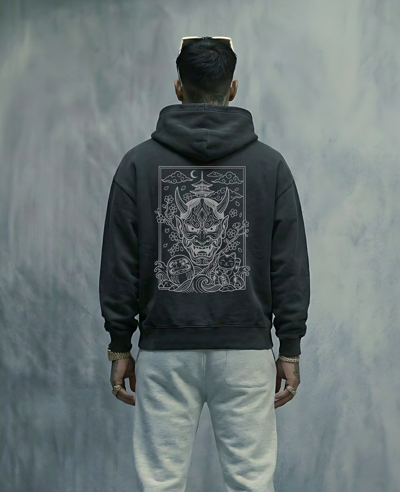 japanese hoodie gray blue