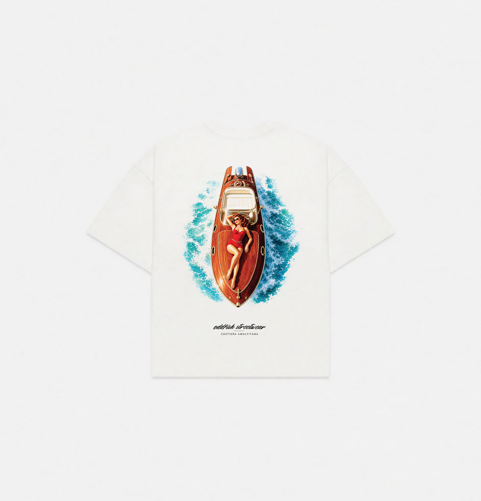 An off-white short-sleeve t-shirt featuring a large graphic print of a vintage red speedboat with a woman in a red swimsuit on the back, surrounded by blue water waves. The text 'oddfish streetwear' and 'Monaco' is printed below the boat.