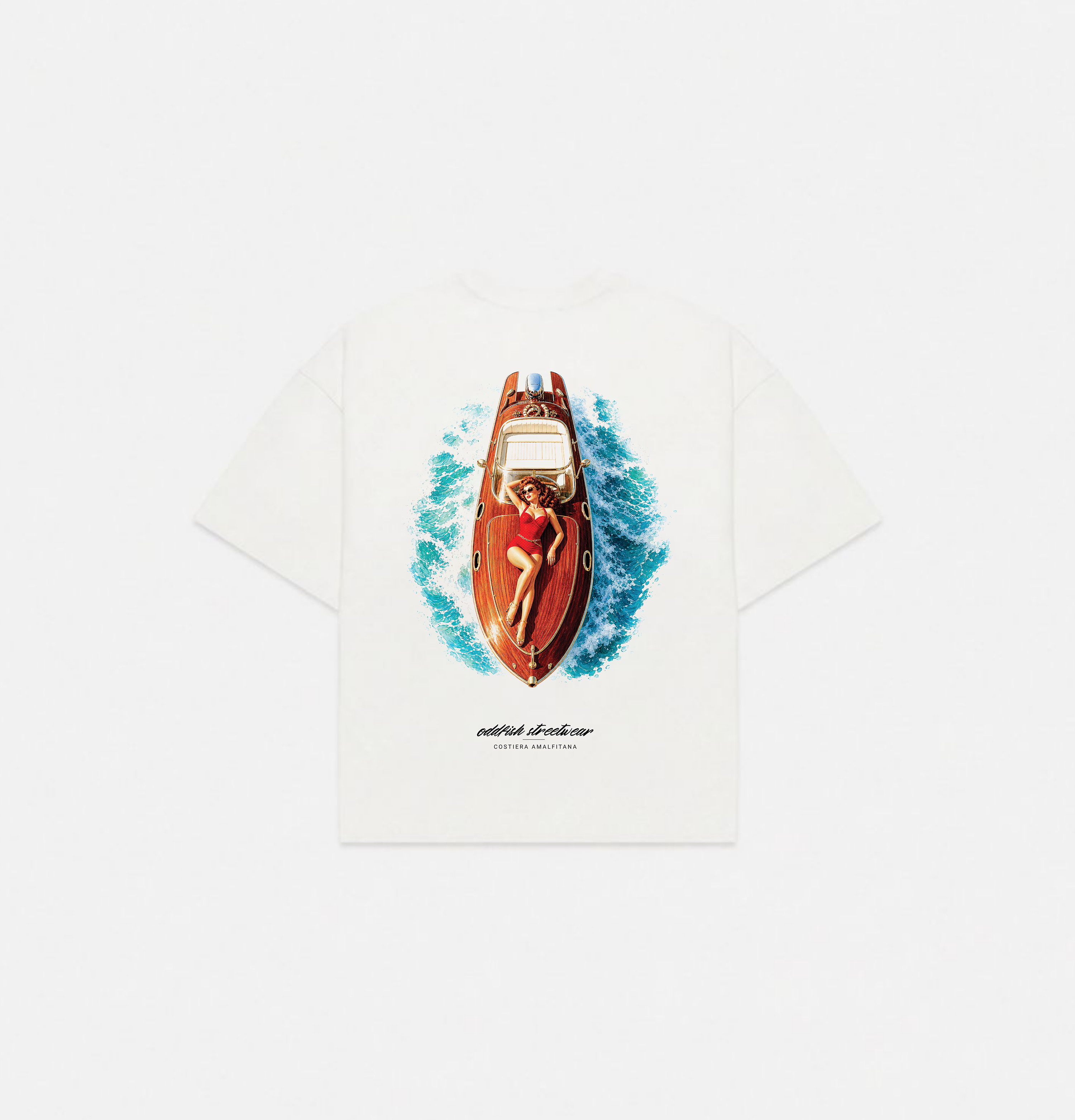 An off-white short-sleeve t-shirt featuring a large graphic print of a vintage red speedboat with a woman in a red swimsuit on the back, surrounded by blue water waves. The text 'oddfish streetwear' and 'Monaco' is printed below the boat.