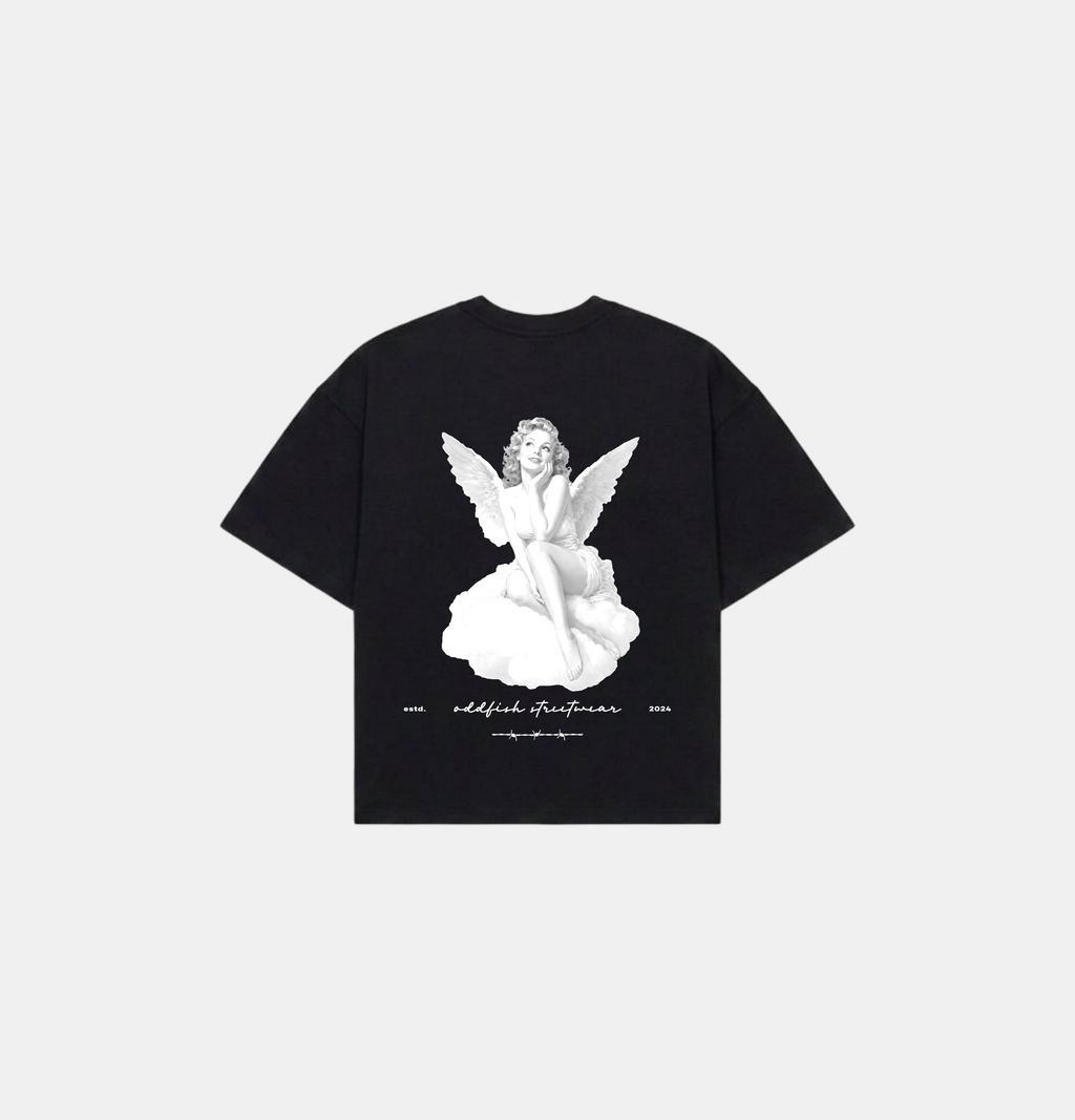 A black short-sleeve t-shirt with a large white graphic of an angel statue on the front, displayed flat against a light gray background.