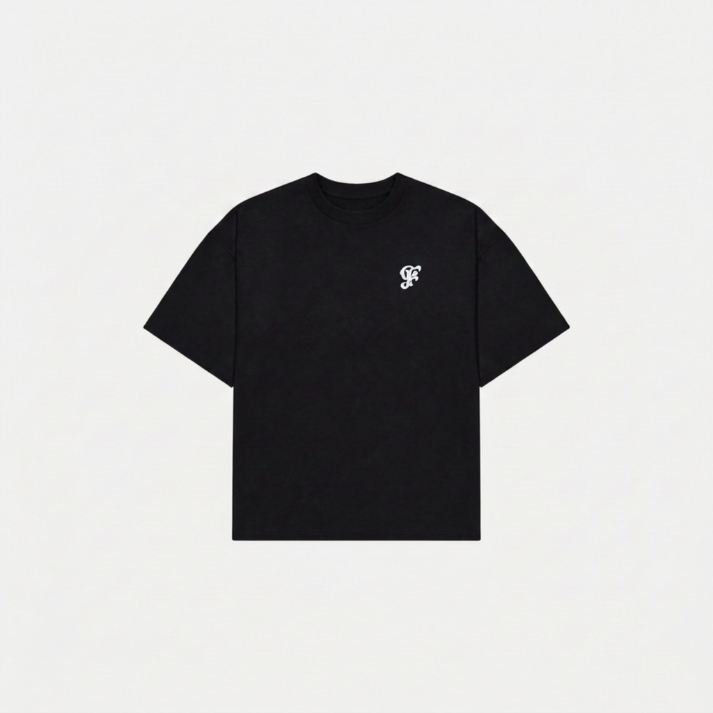 A black short-sleeve crewneck t-shirt with a small white embroidered logo on the left chest, displayed flat against a light gray background.