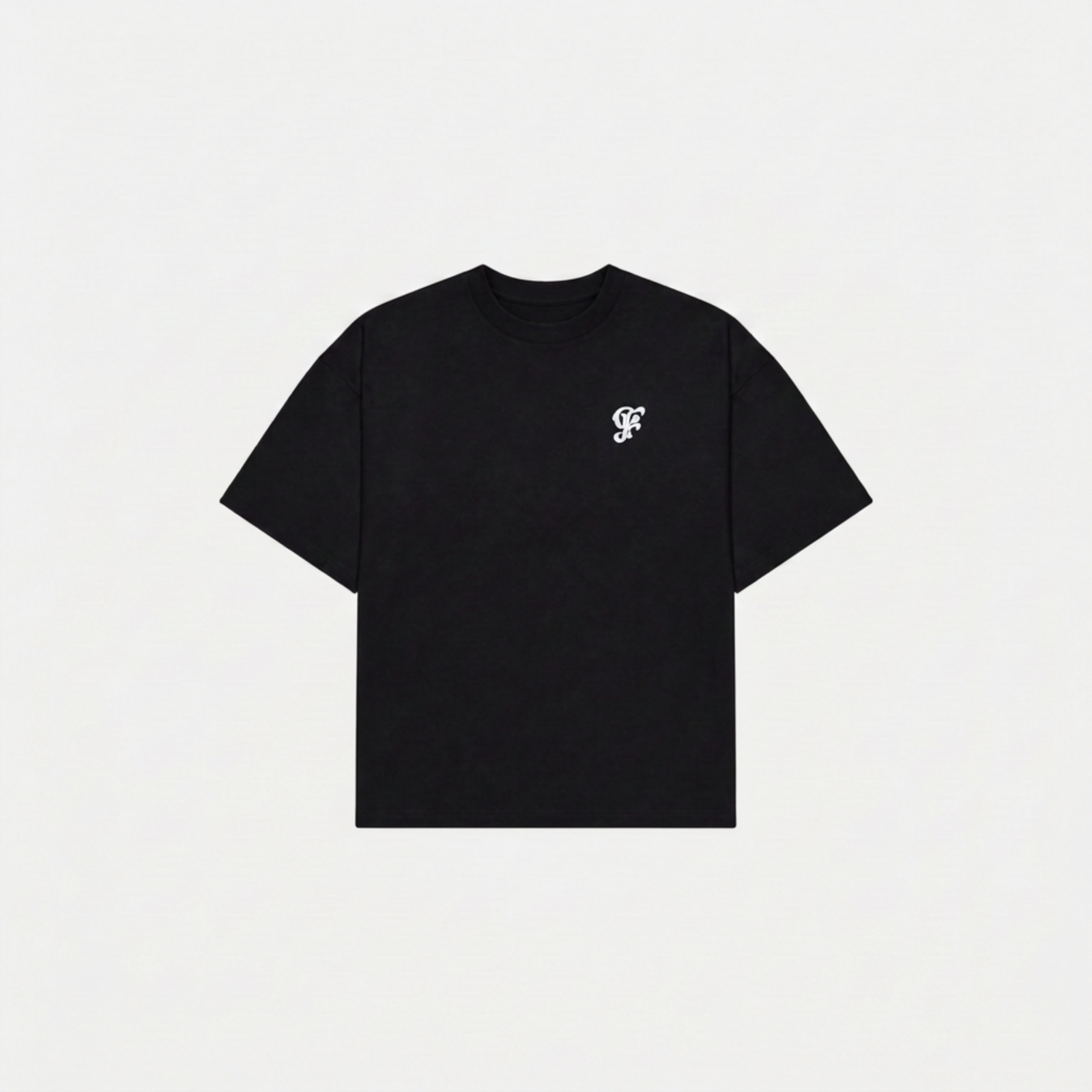 A black short-sleeve crewneck t-shirt with a small white embroidered logo on the left chest, displayed flat against a light gray background.