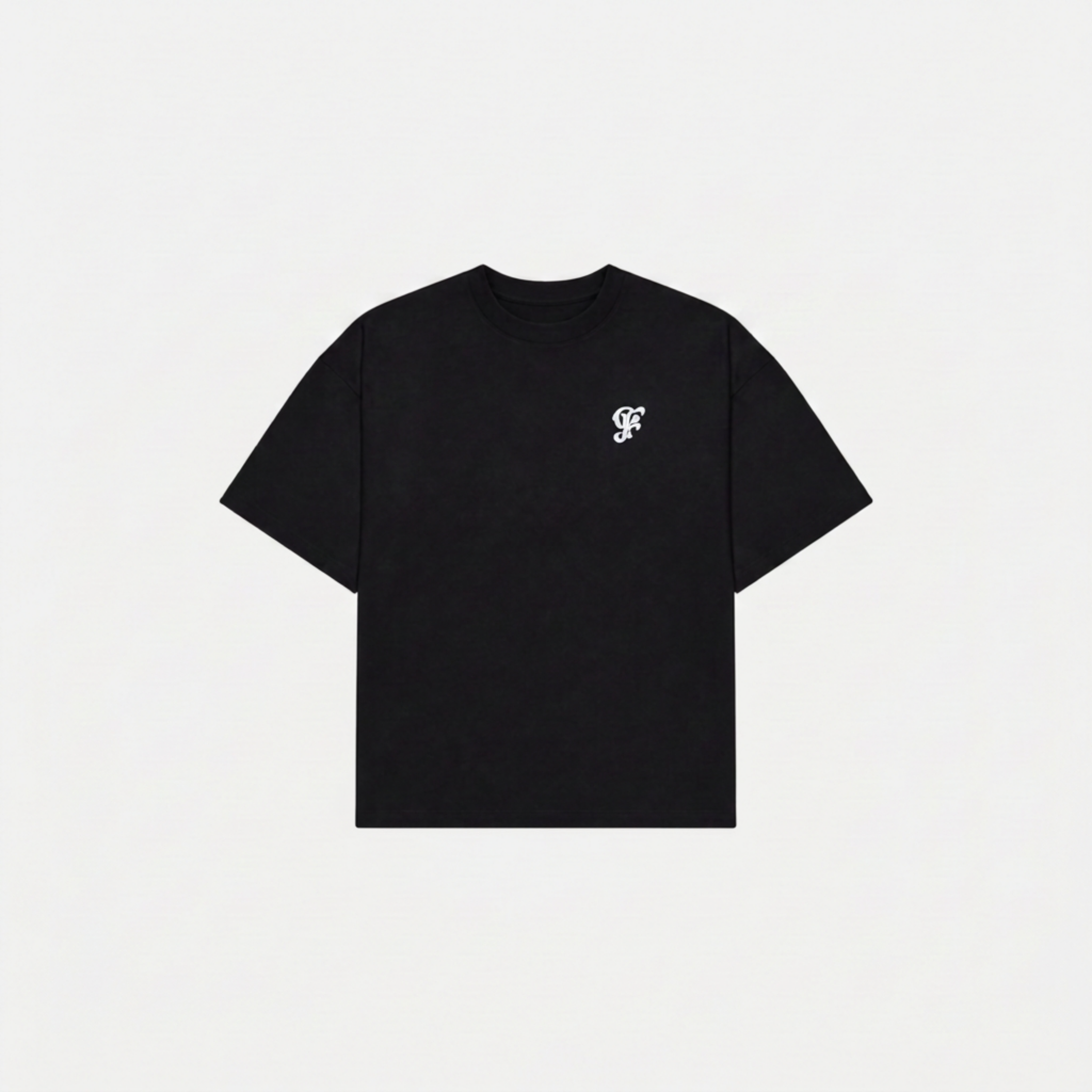 A black short-sleeve crewneck t-shirt with a small white embroidered logo on the left chest, displayed flat against a light gray background.