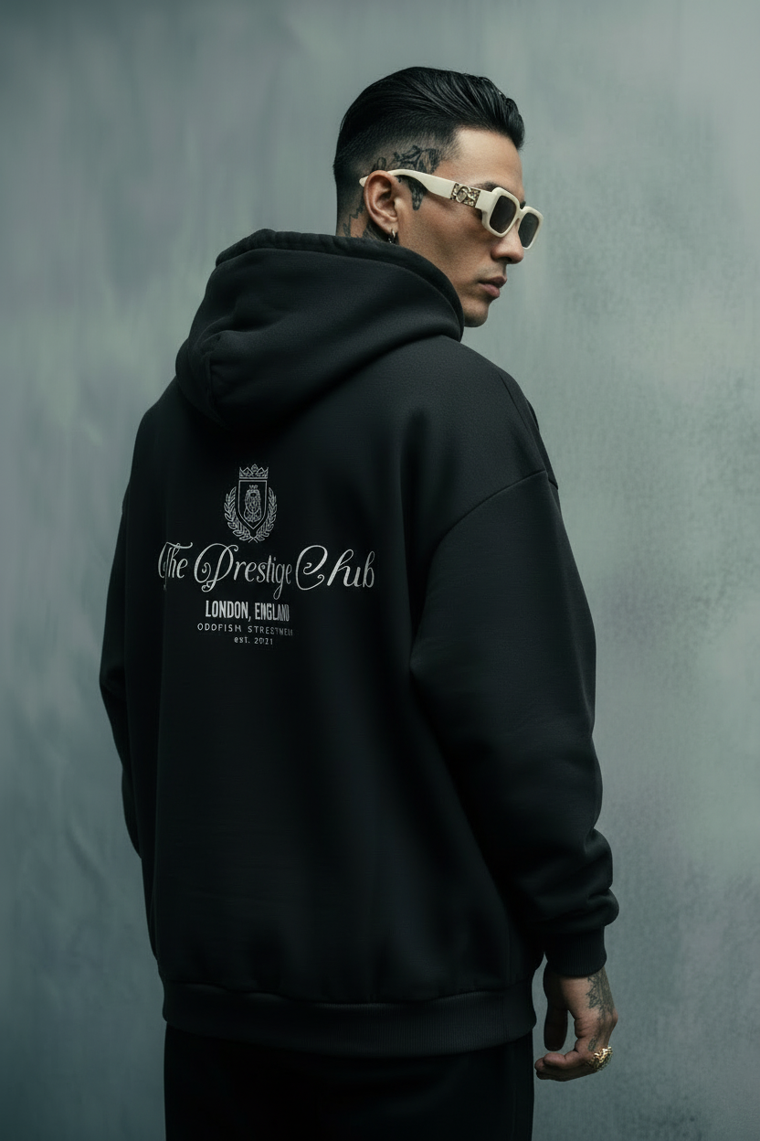 Prestige Club Boxy Hoodie Editorial Mockup - Alternative Pose