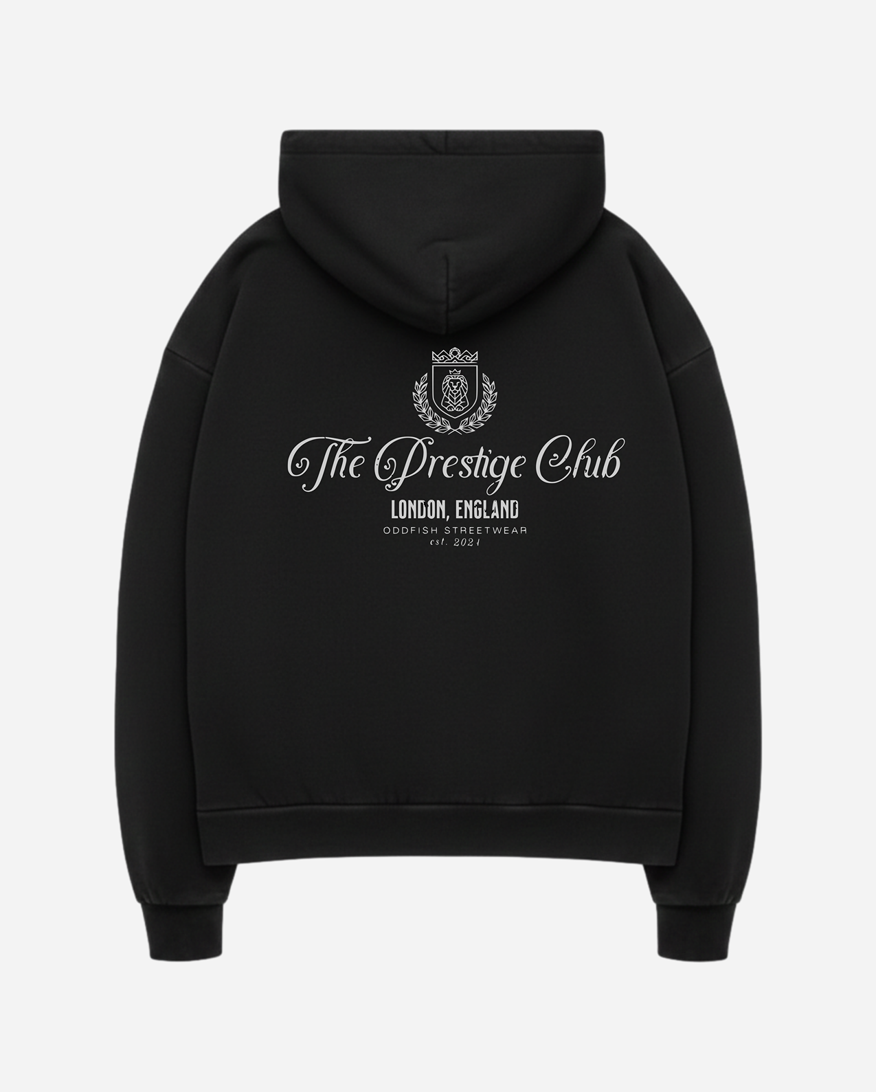 The Prestige Club oversized boxy hoodie with bold back graphic in thick cotton-polyester blend