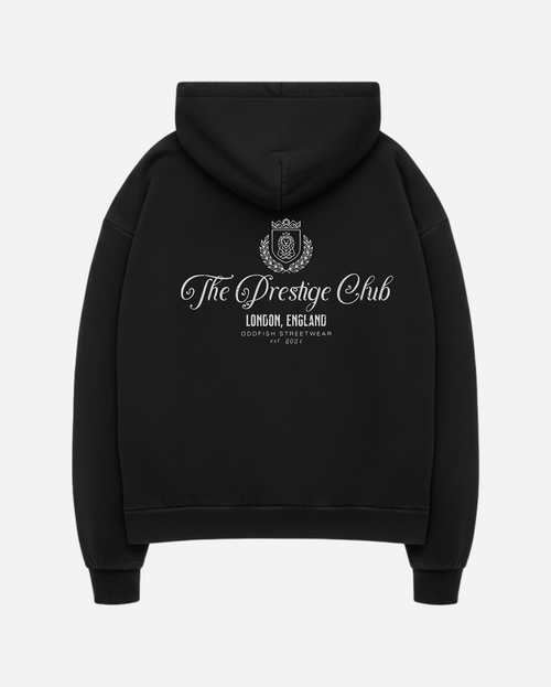The Prestige Club oversized boxy hoodie with bold back graphic in thick cotton-polyester blend