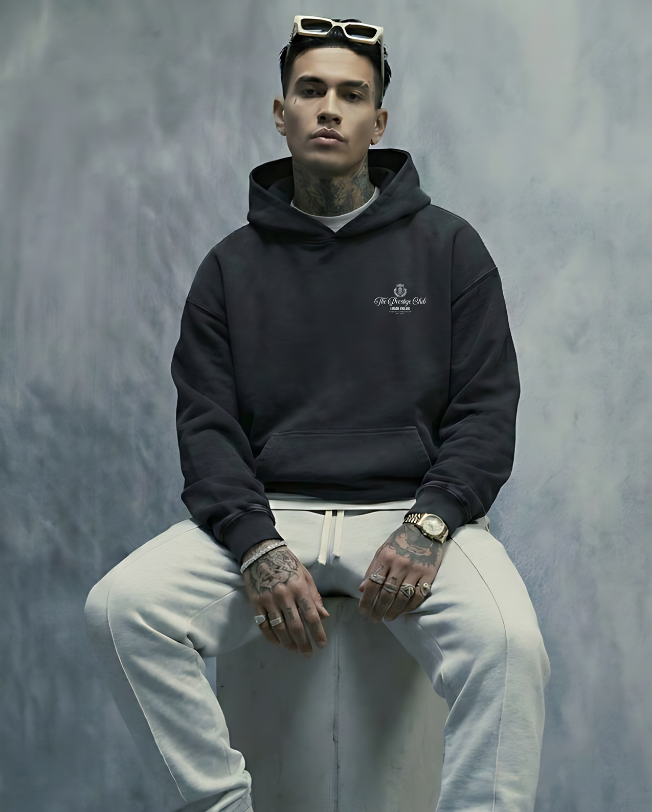 The Prestige Club oversized boxy hoodie with bold back graphic and thick cotton-polyester fabric