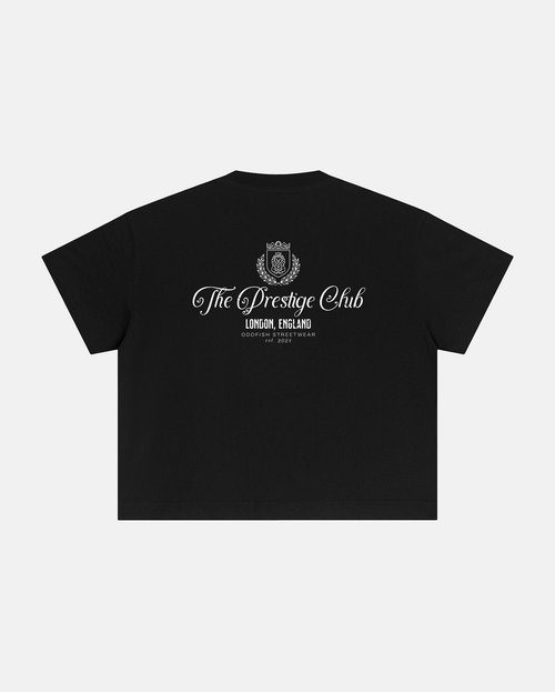 The Prestige Club Cotton Boxy Tee unisex 100% cotton loose-fit with bold back graphics