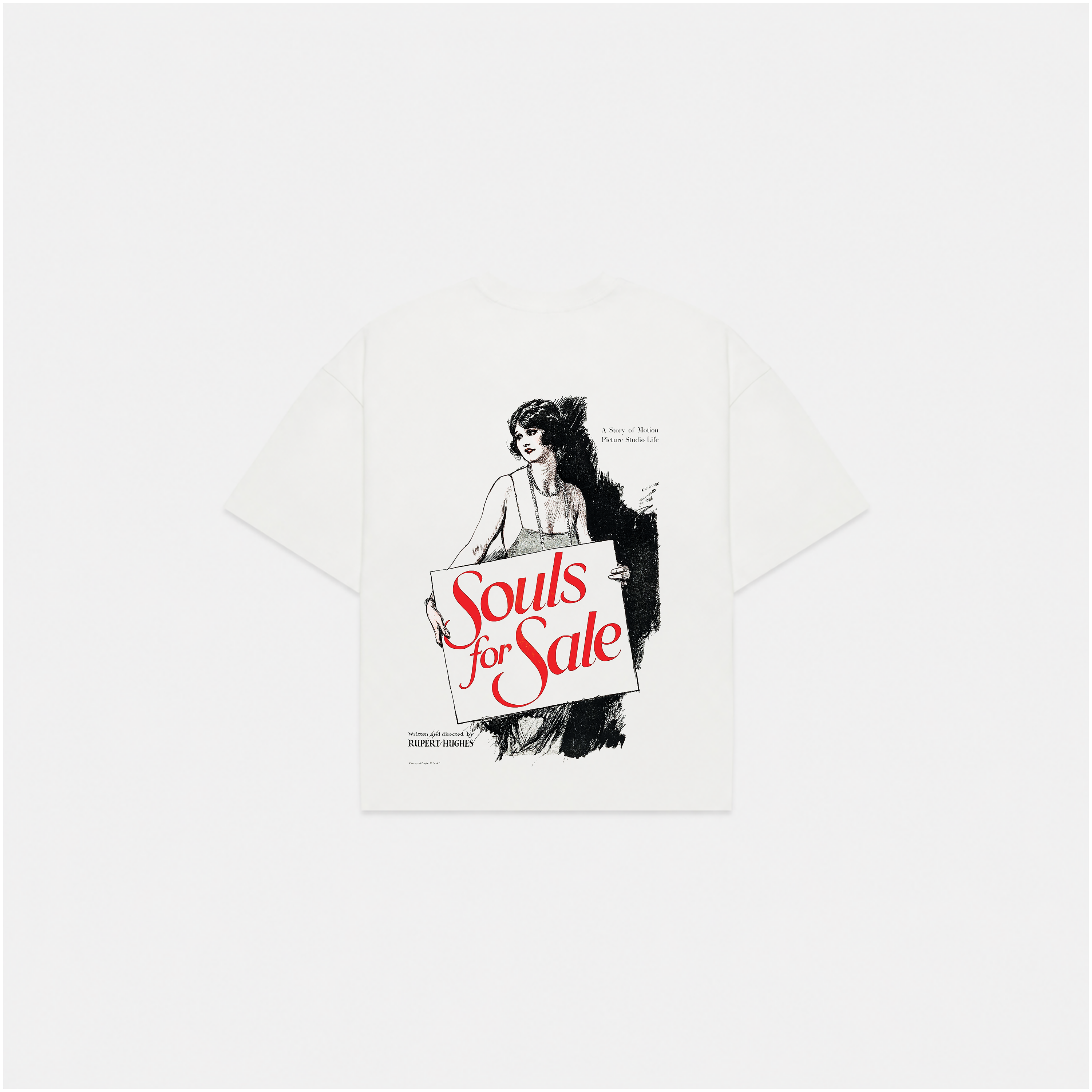 A white short-sleeve t-shirt with a graphic print of a woman holding a sign that reads 'Souls for Sale' in red script, displayed on a light gray background.