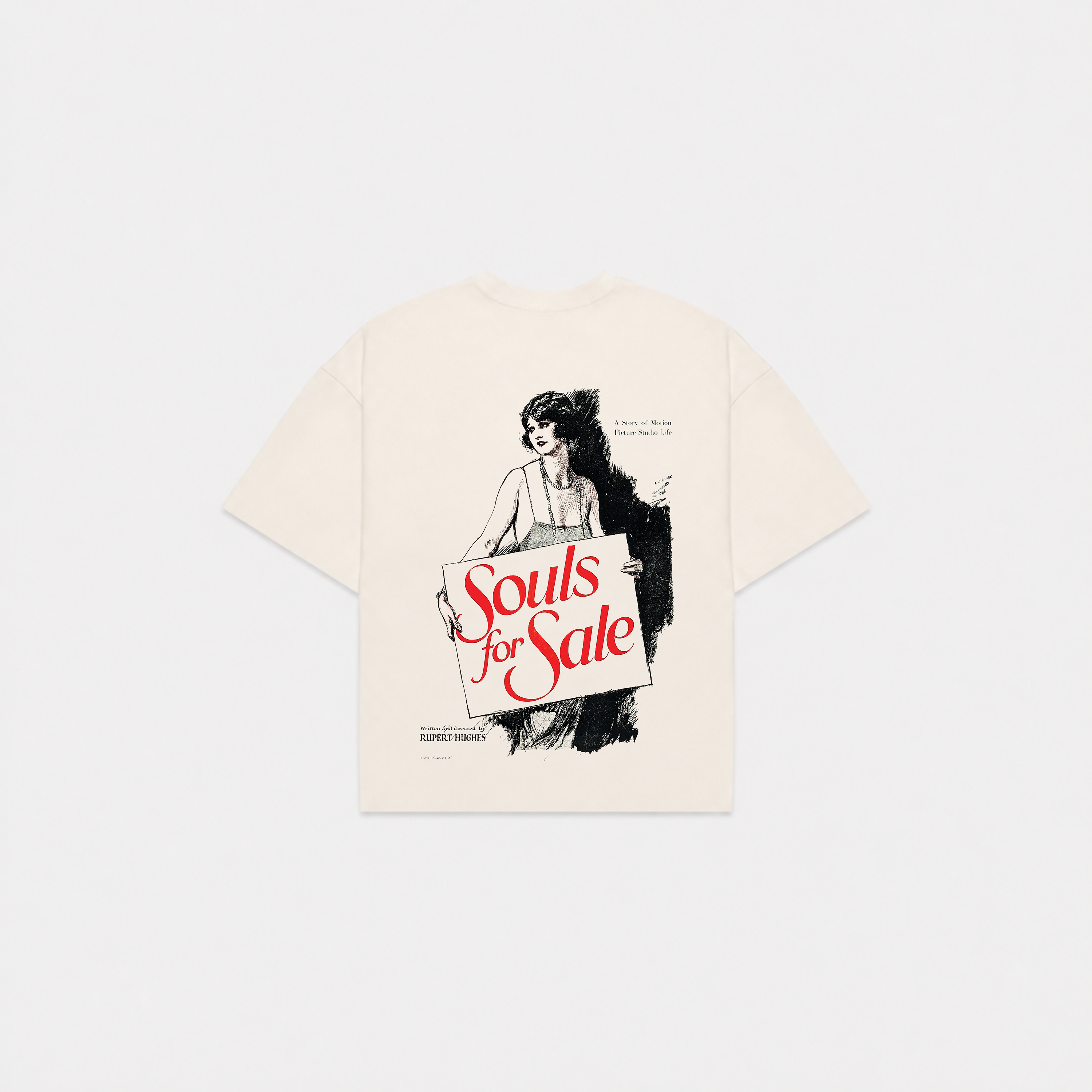 An off-white short-sleeve t-shirt featuring a vintage-style graphic print of a woman holding a sign that reads 'Souls for Sale' in red script, displayed against a light gray background.
