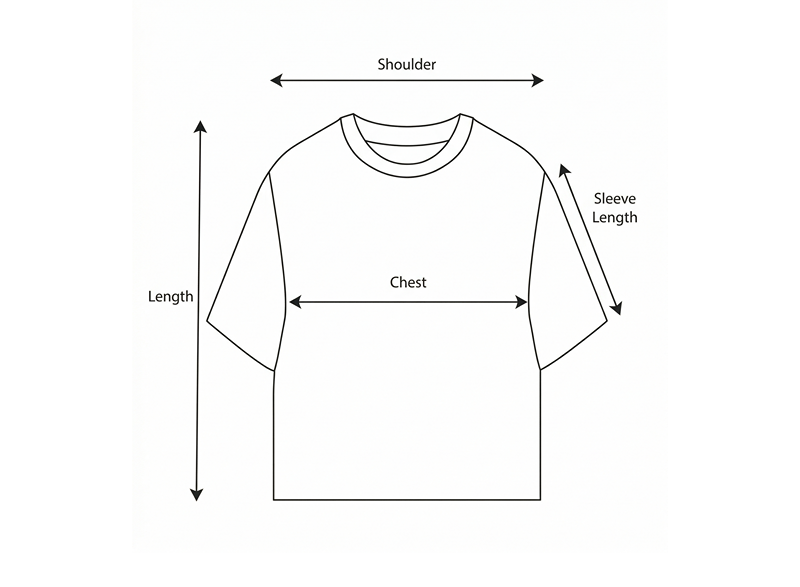Diagram of a t-shirt with measurement points labeled on a white background